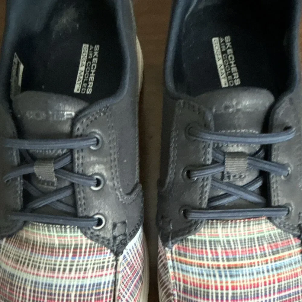 Skechers On-The-Go GOga Mat Comfort Plaid Navy Textile Lace-Up Sneaker 9.5
